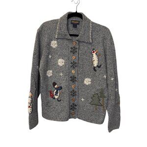 Woolrich Womens Snowman Cardigan Sweater Merino Wool Gray Sz Medium Cottagecore